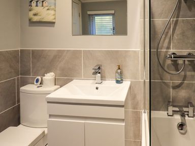 A bathroom with a white sink cabinet and faucet a toilet with a paper roll and a soap dispenser near a shower with a glass panel at Acorn Bank Lodge L 55 Fallbarrow Park near Bowness-On-Windermere