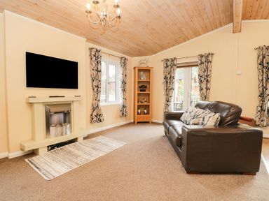 A living room with a brown leather sofa a fireplace a television on the wall patterned curtains and a wooden cabinet at Damson Lodge Thirlmere 8 White Cross Bay Windermere