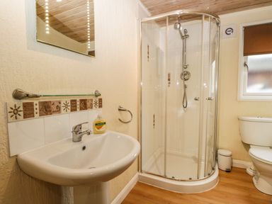 A bathroom with a sink a corner shower and a toilet at Damson Lodge Thirlmere 8 White Cross Bay Windermere