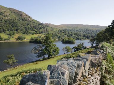 A lake surrounded by hills with trees and a stone wall in the foreground at Damson Lodge Thirlmere 8 White Cross Bay Windermere