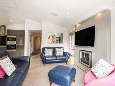 A living room with blue leather sofas a matching ottoman a pink chair a wall-mounted TV and a fireplace at Ridgway Lodge Calgarth 40 White Cross Bay near Windermere