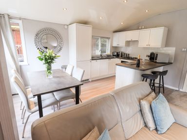 An open plan kitchen and dining area with a dining table, chairs, and a sofa at Buttermere Lodge in Glade 5 Fallbarrow Park near Bowness on Windermere