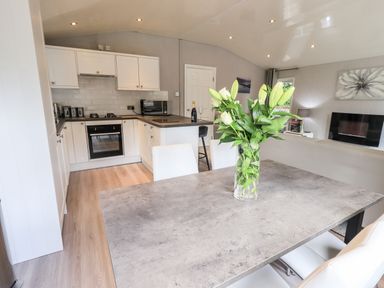 A kitchen and dining area with a table and flowers a living room with a television at Buttermere Lodge in Glade 5 Fallbarrow Park near Bowness on Windermere