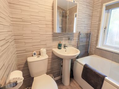 A bathroom with a toilet, sink, bathtub, mirror cabinet, and a window at Buttermere Lodge Glade 5 Fallbarrow Park near Bowness on Windermere