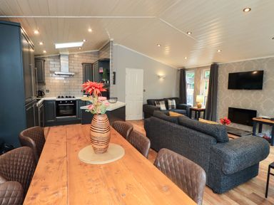 A living room with a dining table and kitchen appliances at Rydal Lodge Grasmere 24, White Cross Bay near Windermere