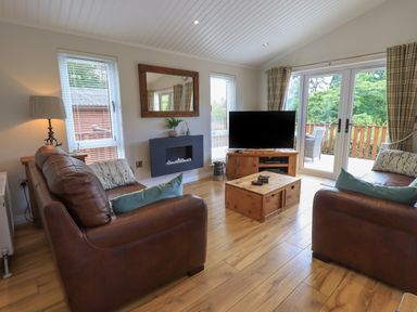A living room with two brown leather sofas a wooden coffee table a wall-mounted fireplace and a television at Wansfell Retreat Lodge Wansfell 4 Limefitt Park near Windermere