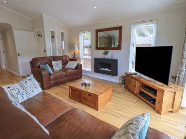 A living room with brown leather sofas wooden coffee table and TV unit at Wansfell Retreat Lodge Wansfell 4 Limefitt Park near Windermere