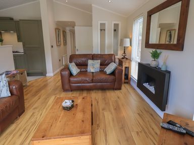 A living room with brown leather sofas a wooden coffee table a wall-mounted fireplace and a wooden mirror at Wansfell Retreat Lodge Wansfell 4 Limefitt Park near Windermere