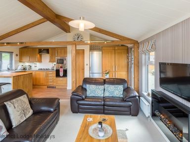 A living room with leather sofas wooden beams and a kitchen area at Sheffield Pike Lodge Ullswater 8 Limefitt Park near Windermere