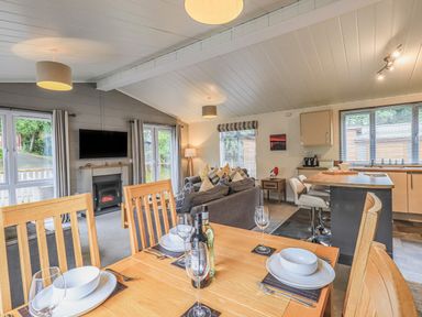 An open plan living room with dining table and kitchen area at Daffodils Lodge Oakside 7 Fallbarrow Park in Bowness on Windermere