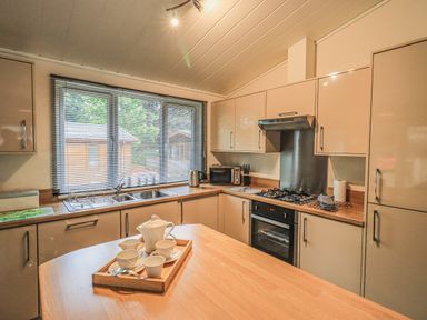 A kitchen with cabinets a stove a microwave and a table with a tea set at Daffodils Lodge Oakside 7 Fallbarrow Park in Bowness on Windermere