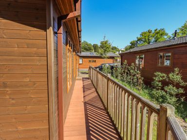 A wooden walkway with railing between wooden cabins and green plants at Daffodils Lodge Oakside 7 Fallbarrow Park in Bowness on Windermere