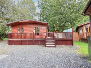 A wooden cabin with front stairs and railing surrounded by trees at Tanglewood Lodge Thirlmere 15 White Cross Bay near Windermere