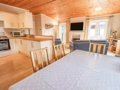 An open plan kitchen and living room with a dining table and chairs a television and a wooden ceiling at Tanglewood Lodge in Thirlmere 15 White Cross Bay near Windermere