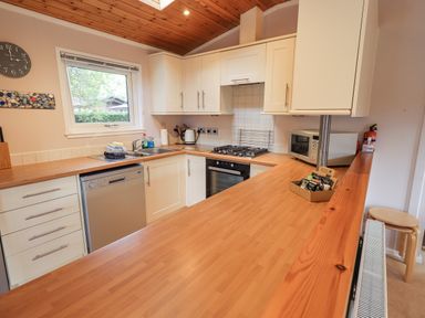 A kitchen with white cabinets a dishwasher a stove a microwave and a wooden countertop at Tanglewood Lodge Thirlmere 15 White Cross Bay near Windermere