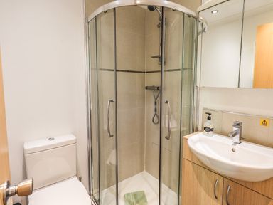 A bathroom with a corner glass shower enclosure toilet and a sink with a mirror at Forest Pines Lodge Beech Hill 10 Fallbarrow Park near Bowness on Windermere