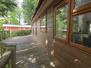 A wooden deck outside a building with windows surrounded by trees at Forest Pines Lodge Beech Hill 10 Fallbarrow Park near Bowness on Windermere
