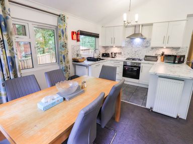A kitchen with a dining table and appliances at Forest Pines Lodge Beech Hill 10 Fallbarrow Park near Bowness on Windermere