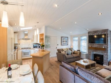 An open plan living room and kitchen with dining table sofas and television at Broad Larch Lodge in Glade 16 Fallbarrow Park near Bowness on Windermere