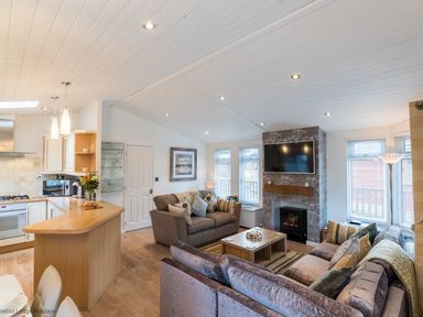 An open-plan living room and kitchen with sofas a coffee table and a wall-mounted TV at Broad Larch Lodge in Glade 16 Fallbarrow Park near Bowness on Windermere
