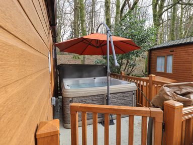 An outdoor hot tub with an orange umbrella on a wooden deck with trees in the background at Squirrels Snug in Pony Meadow 1 White Cross Bay near Windermere