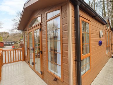 The exterior of a wooden cabin with glass doors and windows and a small deck at Squirrels Snug Pony Meadow 1 White Cross Bay near Windermere
