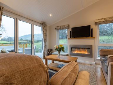 A living room with sofas a coffee table flowers in a vase a fireplace and a television at Comraich Beckside 40 Limefitt Park near Windermere