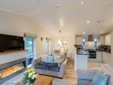 An open living room and kitchen with sofas flowers and a dining table at Comraich Beckside 40 Limefitt Park near Windermere