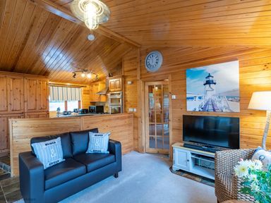 A living room with a black sofa and two cushions near a TV and a kitchen area in a wooden cabin at Lakeshaven Skiptory Howe 16 White Cross Bay near Windermere