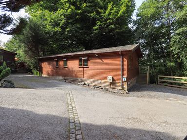 A wooden cabin surrounded by trees and a gravel path at Lakeshaven Skiptory Howe 16 White Cross Bay near Windermere