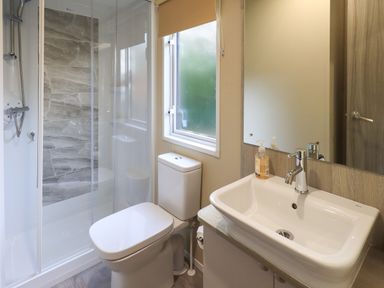 A bathroom with a toilet sink mirror and shower enclosure at Glenridding Lodge Grasmere 2 White Cross Bay near Windermere
