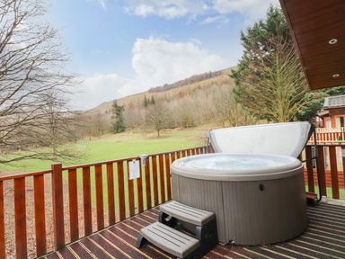 A wooden deck with a hot tub and steps overlooking a field and wooded hillside at Wainwright Lodge in Kirkstone 27 Limefitt Park near Windermere