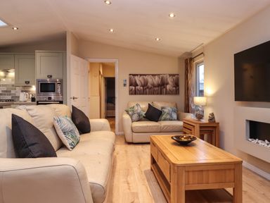 A living room with two beige sofas, wooden coffee and side tables, a wall-mounted television, and kitchen cabinets visible at Wainwright Lodge Kirkstone 27 Limefitt Park near Windermere