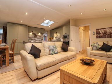 A living area with two leather sofas and wooden coffee and dining tables in a kitchen lounge at Wainwright Lodge Kirkstone 27 Limefitt Park near Windermere