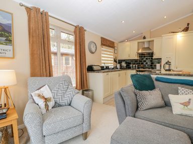 A living area with armchair sofa cushions and kitchen cabinets at Pheasant's Nest Kirkstone 11 Limefitt Park near Windermere