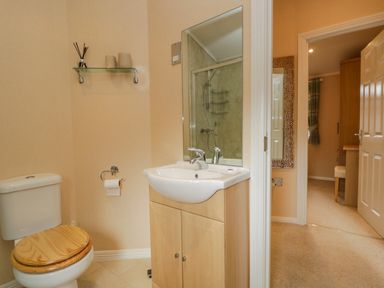 A bathroom with a toilet a sink mirror and a glass shelf at Pheasant's Nest Kirkstone 11 Limefitt Park near Windermere