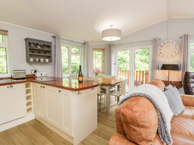 An open kitchen and dining area with a brown leather sofa in a living room at Ambleside Lodge Fellside 3 Limefitt Park near Windermere