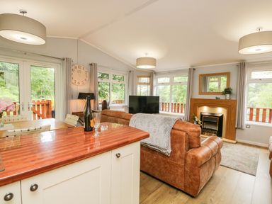 A living room with brown leather sofas a wooden fireplace and a kitchen island at Ambleside Lodge Fellside 3 Limefitt Park near Windermere