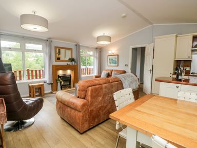 A living room with leather sofas a fireplace and a dining table at Ambleside Lodge Fellside 3 Limefitt Park near Windermere
