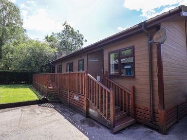 A wooden cabin with a ramp and stairs surrounded by trees at Thirlmere View Thirlmere 6 White Cross Bay near Windermere