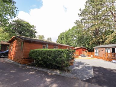 A cluster of wooden lodges with gravel parking and surrounding trees at Lakes Lodge Keswick Court 3 White Cross Bay near Windermere
