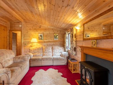 A living room with wooden walls and ceiling sofas a lamp a fireplace and a rug at Burr Ghyll Number 27 Burnside Park near Keswick
