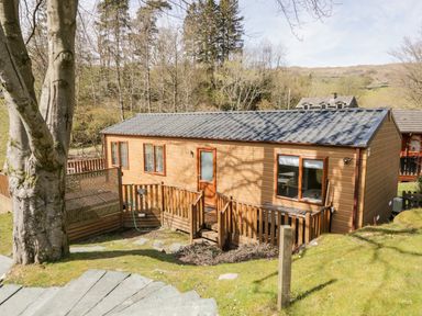 An exterior view of a wooden lodge with a small fenced porch and steps leading to the door surrounded by grass and trees at Troutbeck Lodge Beckside 6 Limefitt Park near Windermere
