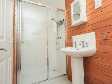 A bathroom with a shower enclosure and a white pedestal sink with wooden panel walls at Ramblers Rest Lodge Pinewood 22 Limefitt Park near Windermere