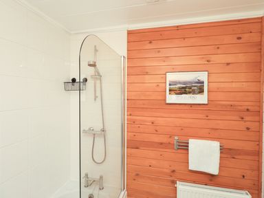 A bathroom with a shower area, white tiled walls, wooden paneling, a towel holder with a towel and a framed picture on the wall at Ramblers' Rest Lodge Pinewood 22 Limefitt Park near Windermere