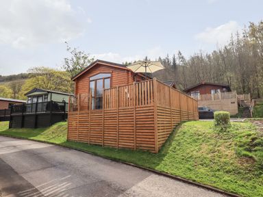 A wooden cabin with a fenced deck and umbrella on a grassy slope near other cabins at Ramblers Rest Lodge Pinewood 22 Limefitt Park near Windermere