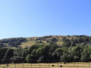 A hillside with trees and some small buildings under a clear blue sky at Striding Edge Lodge Ullswater 9 Limefitt Park near Windermere