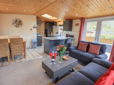 A living room with a coffee table flowers and sofa adjacent to a kitchen and dining area at Striding Edge Lodge Ullswater 9 Limefitt Park near Windermere