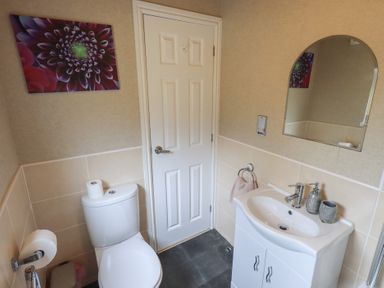 A bathroom with a toilet a sink with a mirror above and a floral picture on the wall at Striding Edge Lodge Ullswater 9 Limefitt Park near Windermere