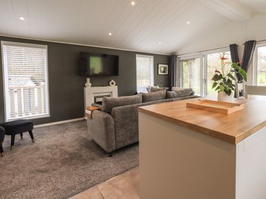 A living room with a gray sofa TV and carpet near a wooden countertop with a tray and plant at Jinnyspinner Lodge Beckside 37 Limefitt Park near Windermere
